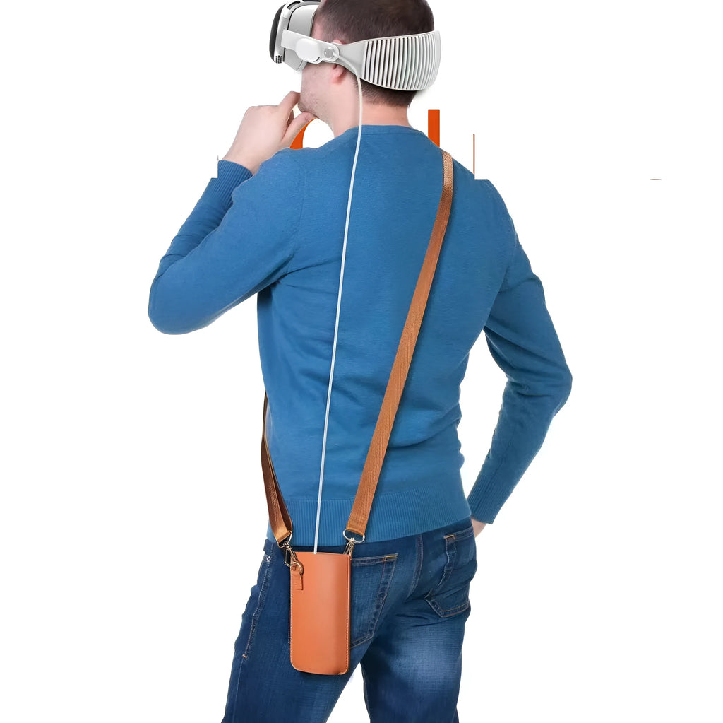 Brown leather battery power shoulder strap protective cover on a black strap, front view