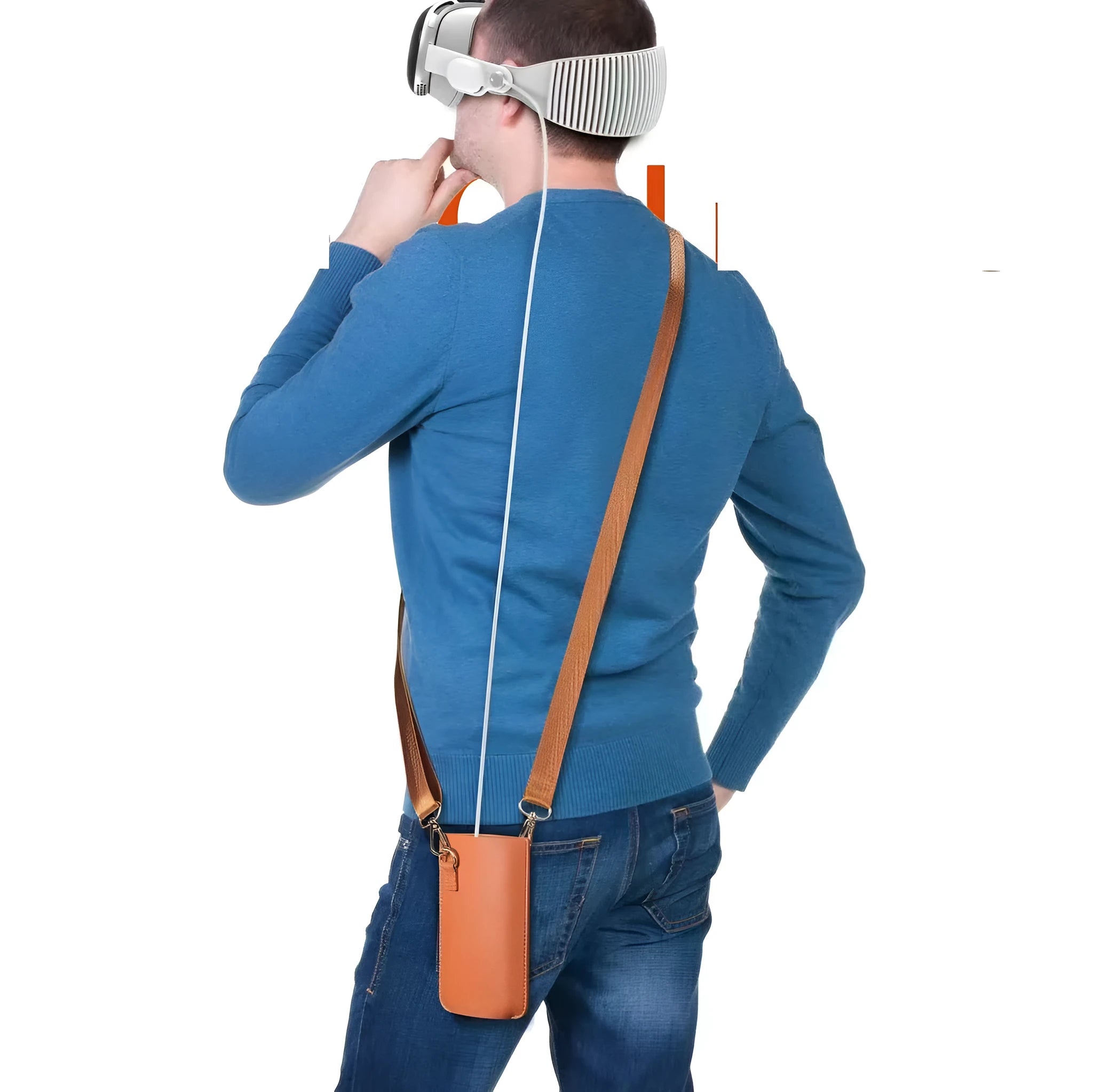 Brown leather battery power shoulder strap protective cover on a black strap, front view