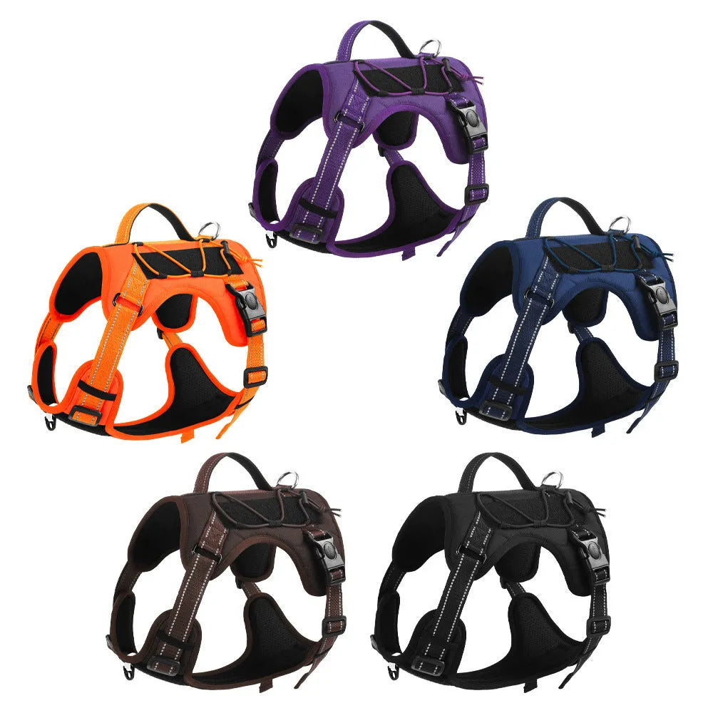 Reflective dog harness with vest, hand holding rope, and explosion-proof breast strap in multiple colour options