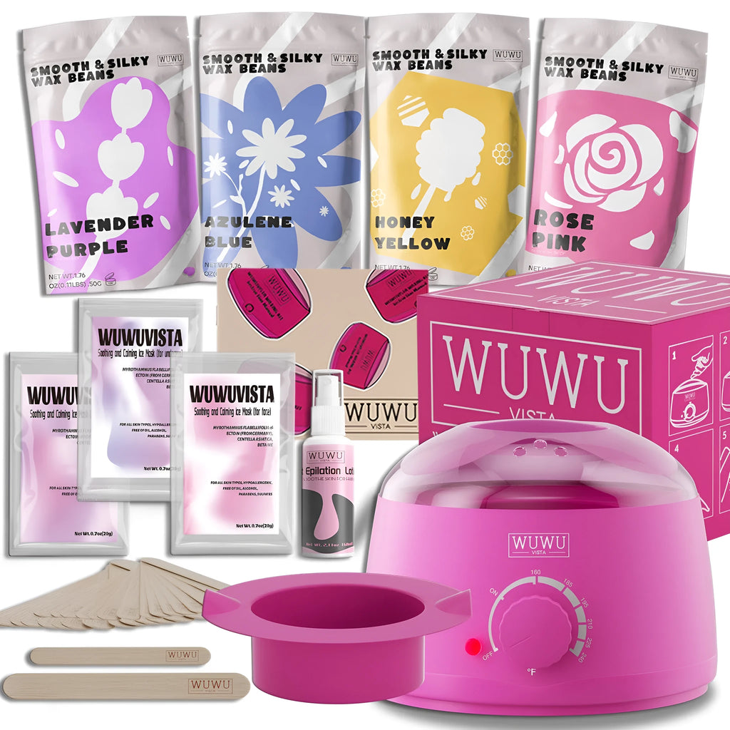 Hard wax hair removal kit with black wax warmer, wax beans, applicator sticks, and aftercare products