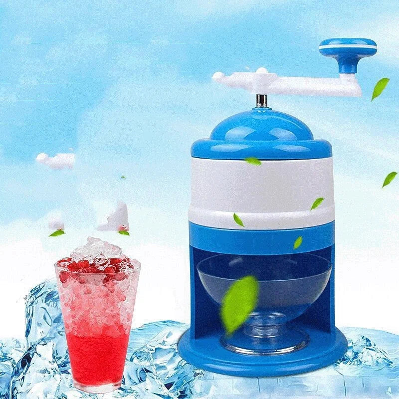 Portable manual ice crusher with stainless steel blade in blue and white