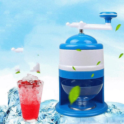 Portable manual ice crusher with stainless steel blade in blue and white