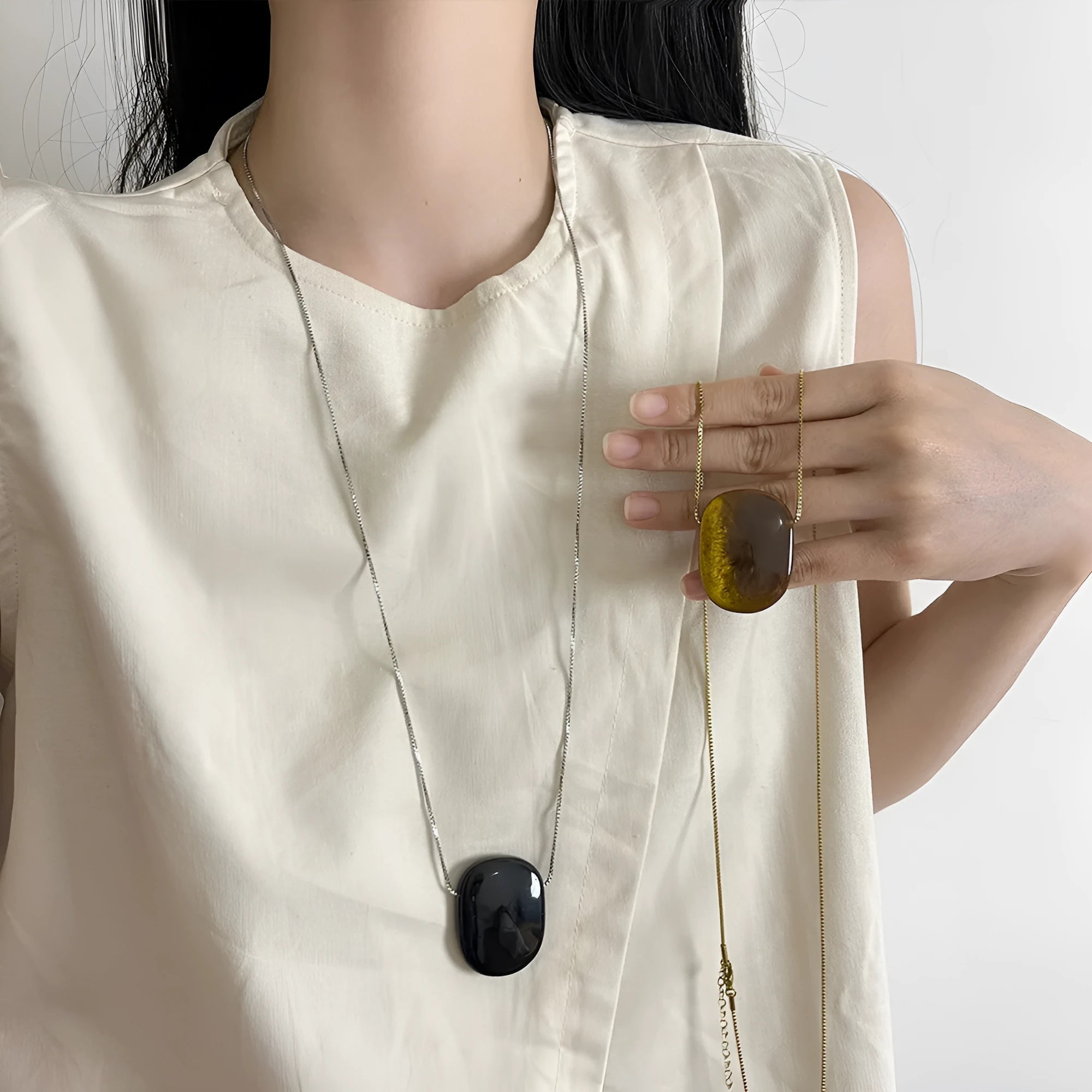 Square tigereye pendant necklace on a long alloy chain, coffee colour, geometric design, 70cm length