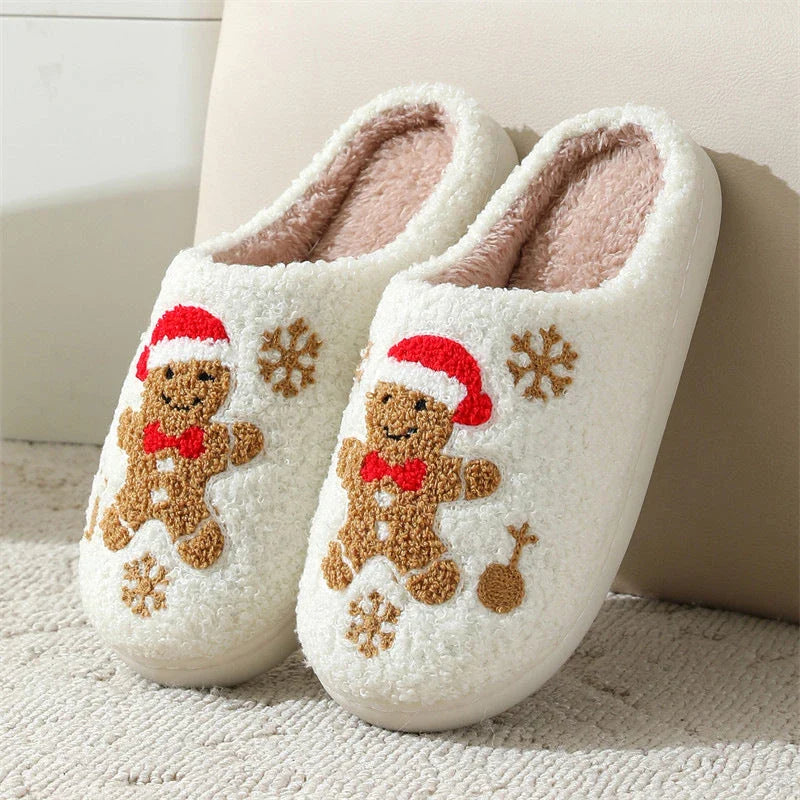 Cozy gingerbread snowflake pattern slippers with plush upper and non-slip sole for comfortable indoor wear