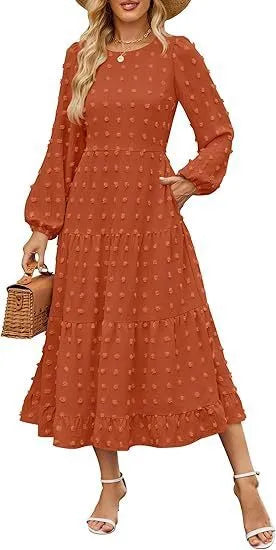 Women's long sleeve casual dress with ruffle sleeves and high waist in a solid colour