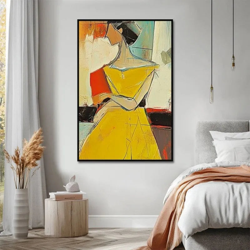 Hand-painted abstract oil painting of people in brown and yellow with vertical canvas and wabi sabi texture