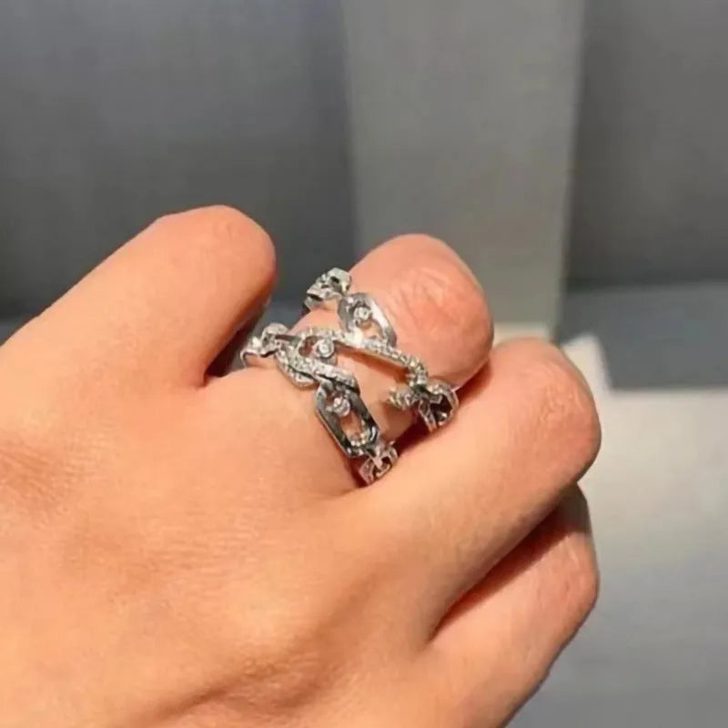 Niche clip design ring for women, copper geometric band with inlaid zircon stone, white gold colour, sizes No 6 to No 10