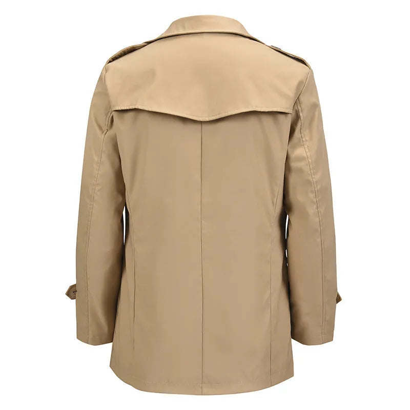 Men's khaki double-breasted casual jacket made of polyester fibre, loose fit, 50cm length, front view