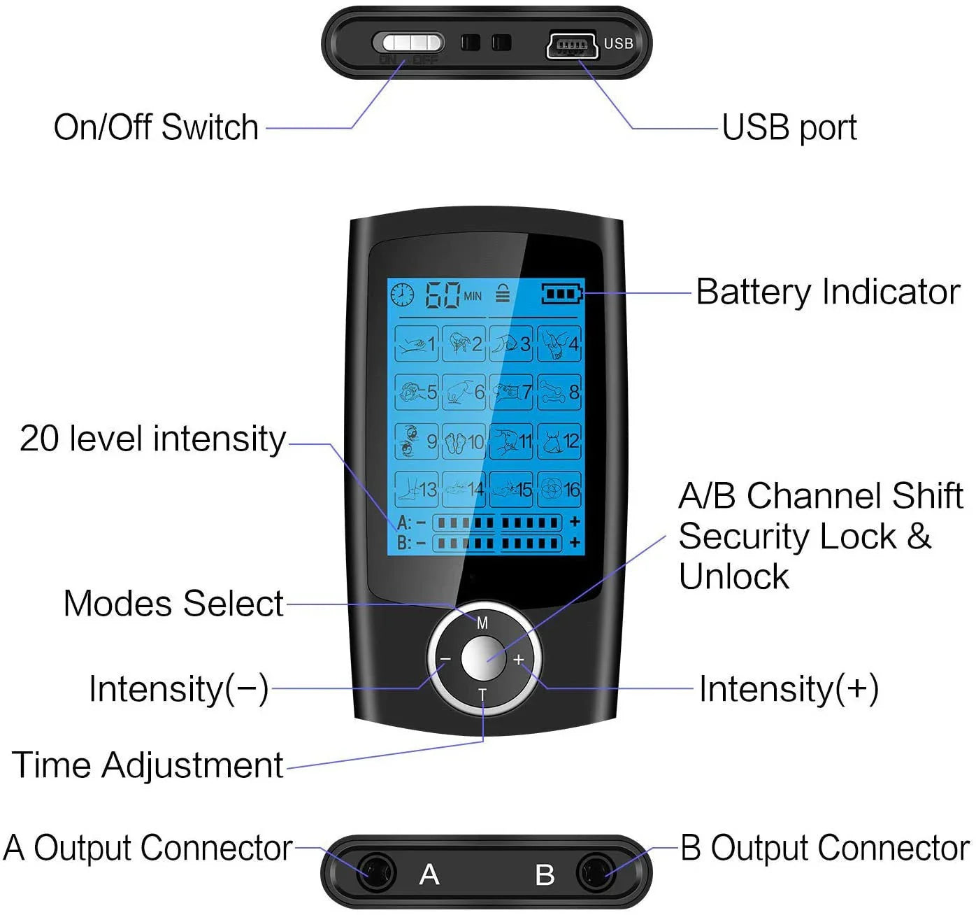 Portable Physiotherapy TENS and EMS Massager with 16 Customizable Massage Modes, Adjustable Timer and Intensity, Dual Output Channels, and Compact Design