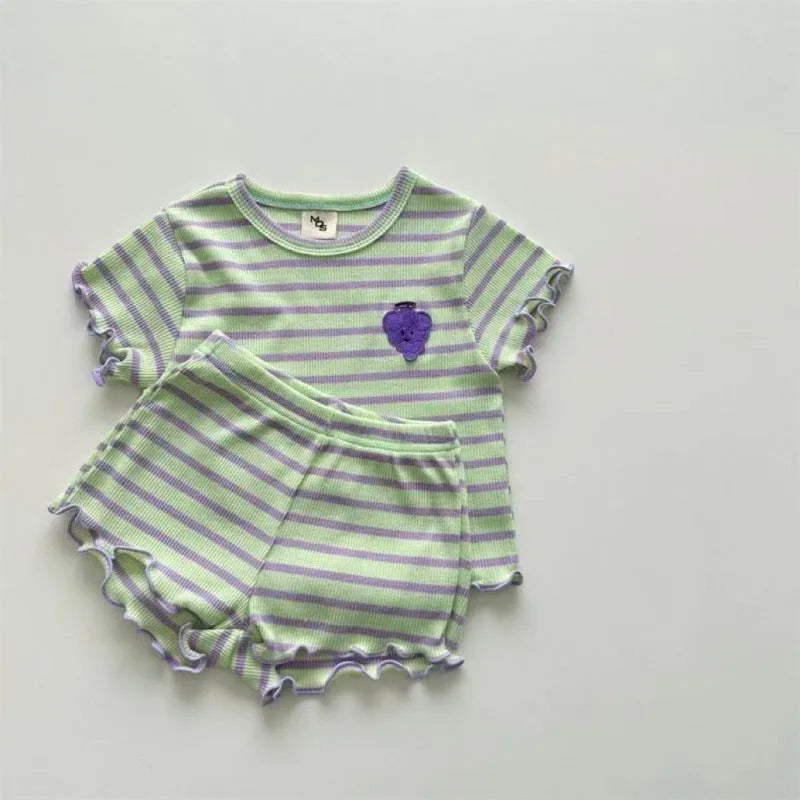 Children's short-sleeved polyester ice silk stripe pajama set in pink yellow purple green colours for heights 80-130 cm