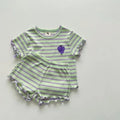 Children's short-sleeved polyester ice silk stripe pajama set in pink yellow purple green colours for heights 80-130 cm
