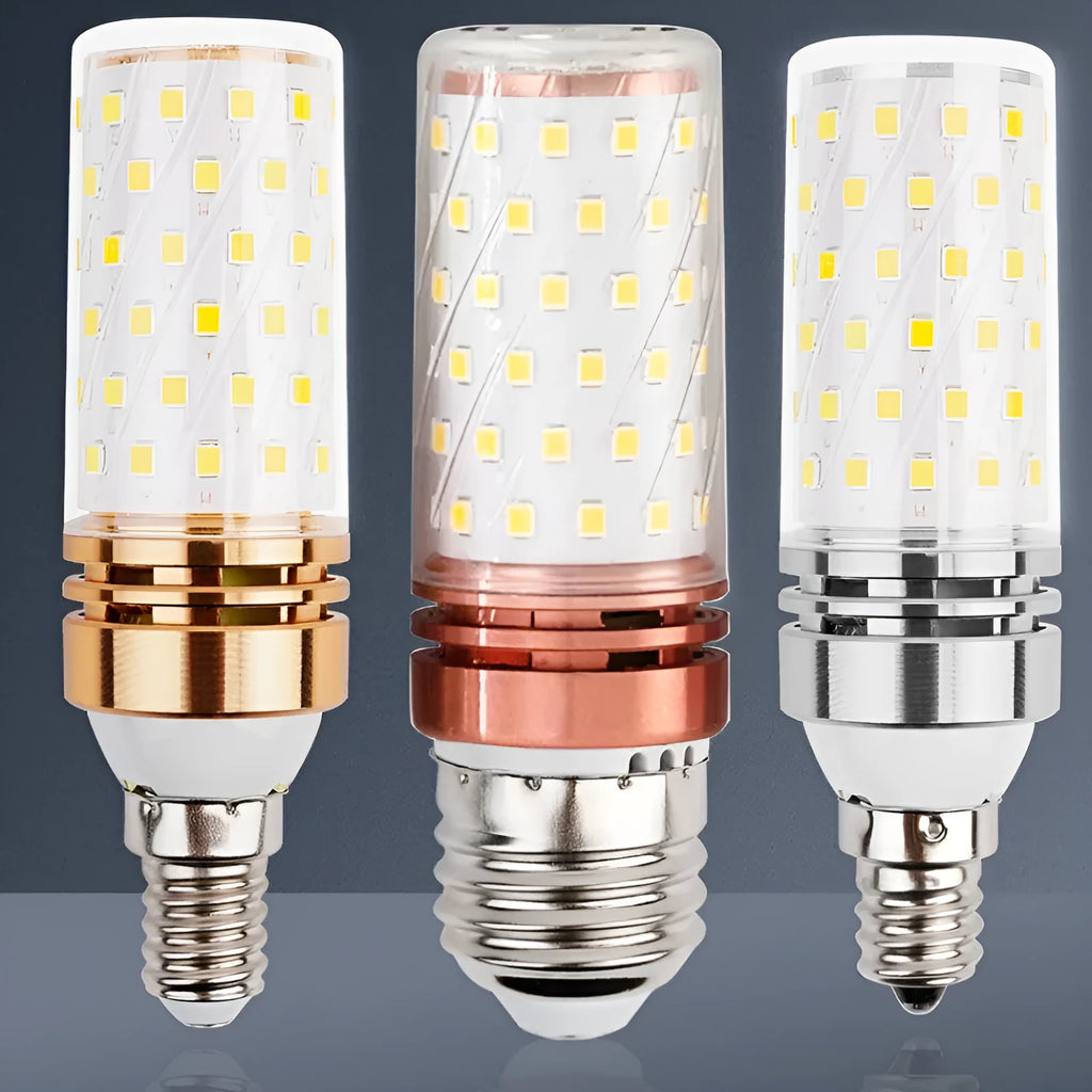 E14 screw base 12W LED corn light bulb showing 60 yellow LED beads.