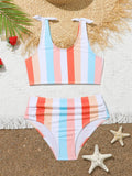 Girls' plaid pattern swimsuit briefs with matching bra for swimming