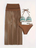 Women's three-piece bikini set with fishnet long skirt in European styling