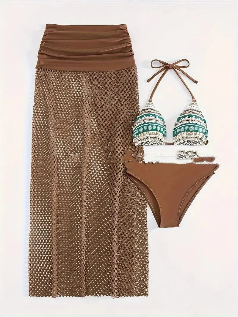 Women's three-piece bikini set with fishnet long skirt in European styling
