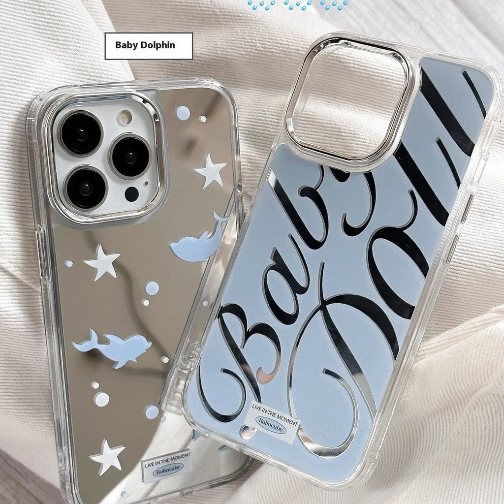 Blue transparent iPhone case with a mirror back panel showing JMKJ English lettering.