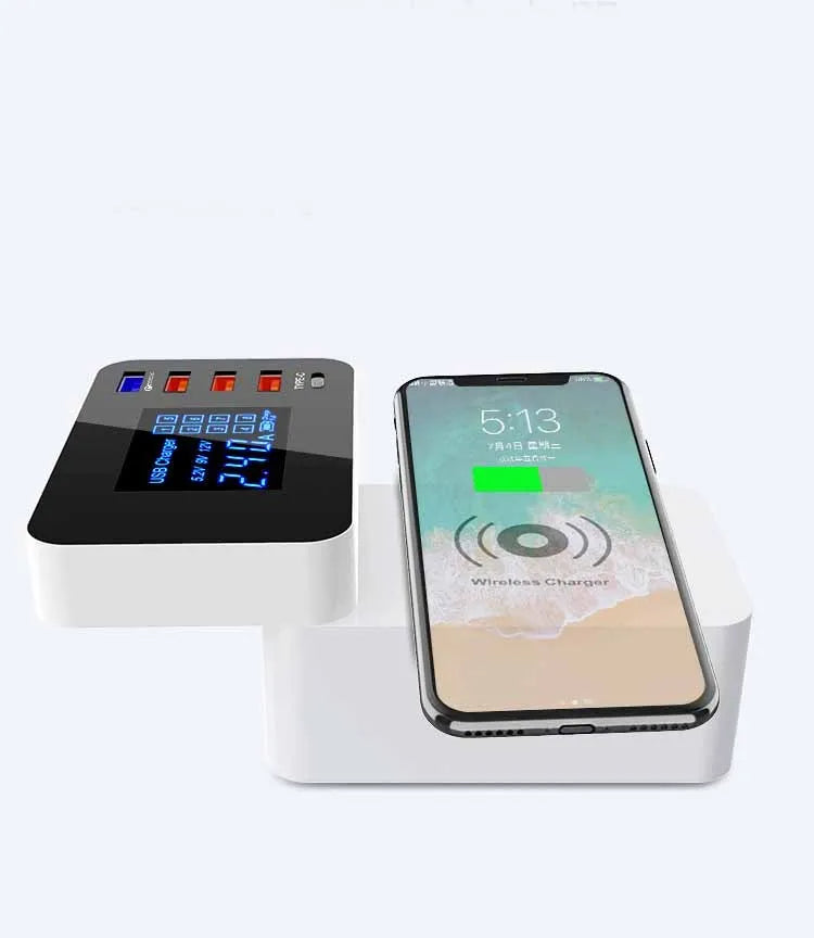 White multi USB port fast wall charger with integrated 10W wireless charging pad and UK, EU, US travel plug adapters