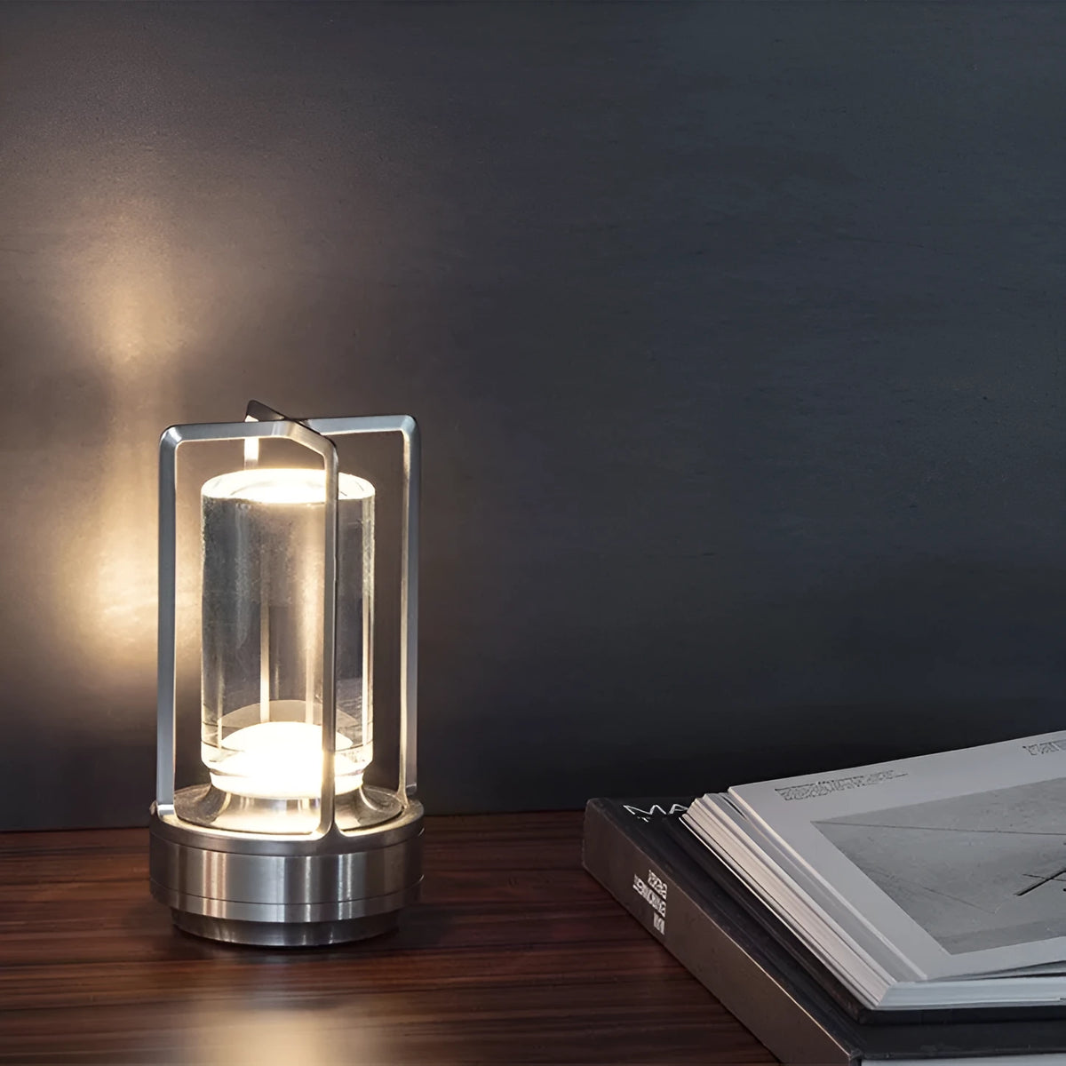 Rechargeable LED camping light in aluminium-acrylic with touch charging and variable colour dimming
