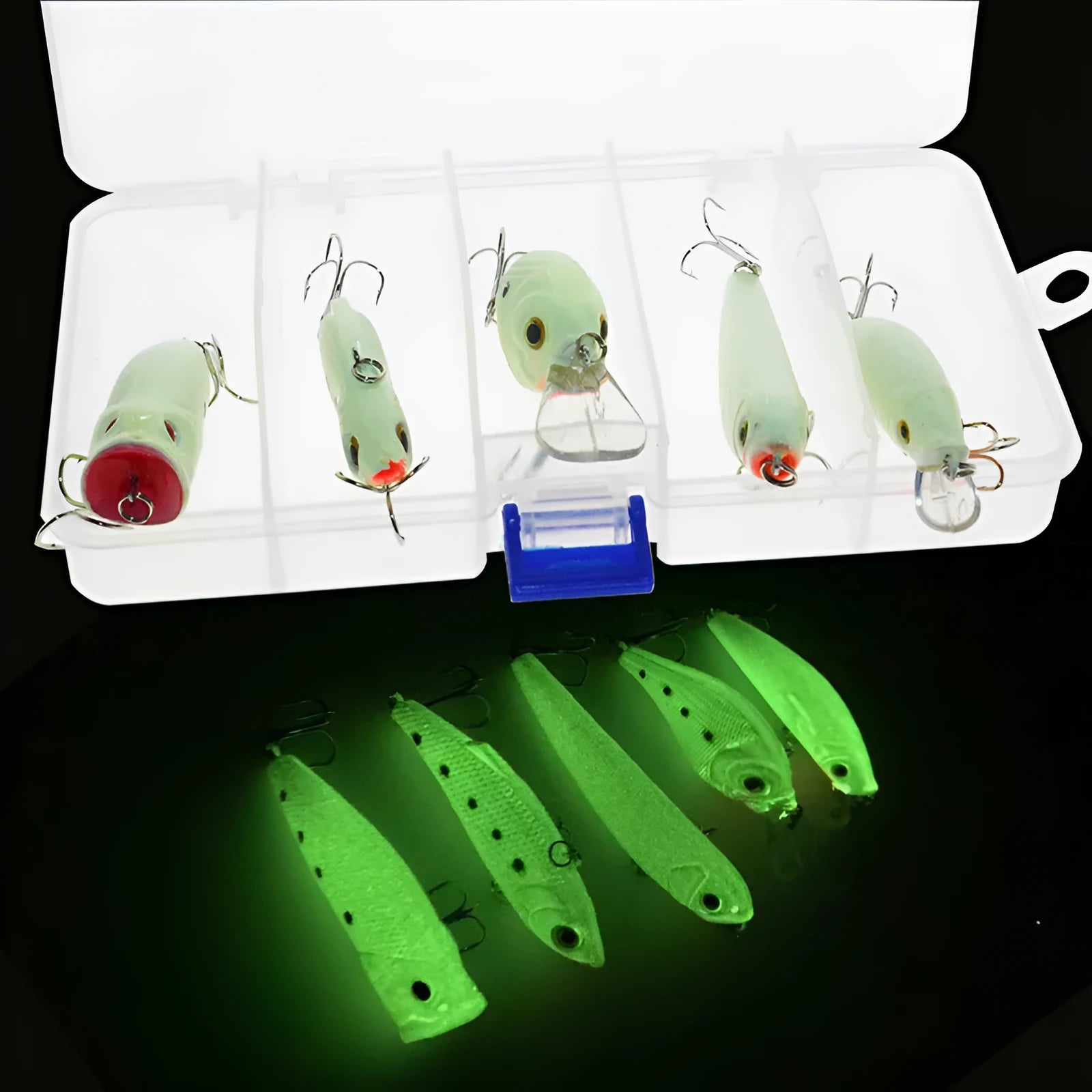 Set of five 3D fluorescent simulation luminous hard bait fishing lures
