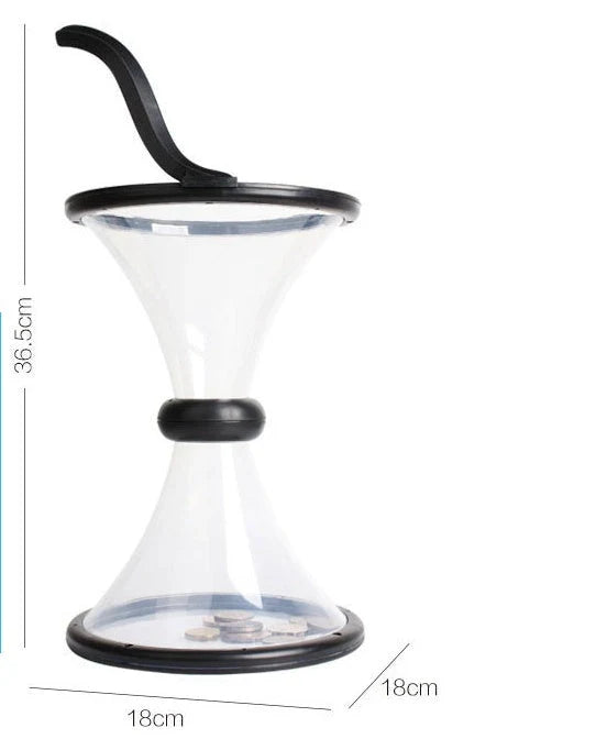 Transparent vortex piggy bank with coins spiraling down