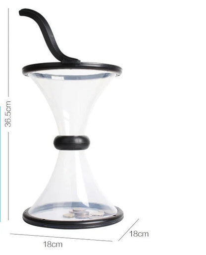 Transparent vortex piggy bank with coins spiraling down