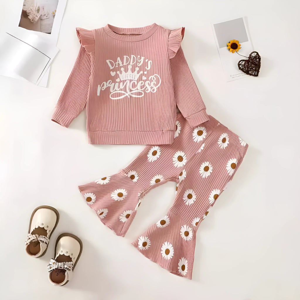 Baby girl cotton long sleeve sunken stripe top and flower print trousers two-piece set in pink