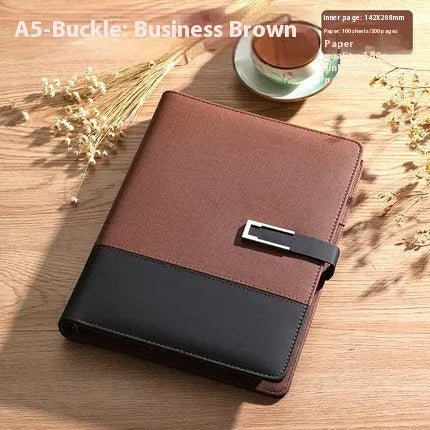 A5 soft PU leather business notebook in choice of five colours, shown with wood-free paper pages and optional gift box.