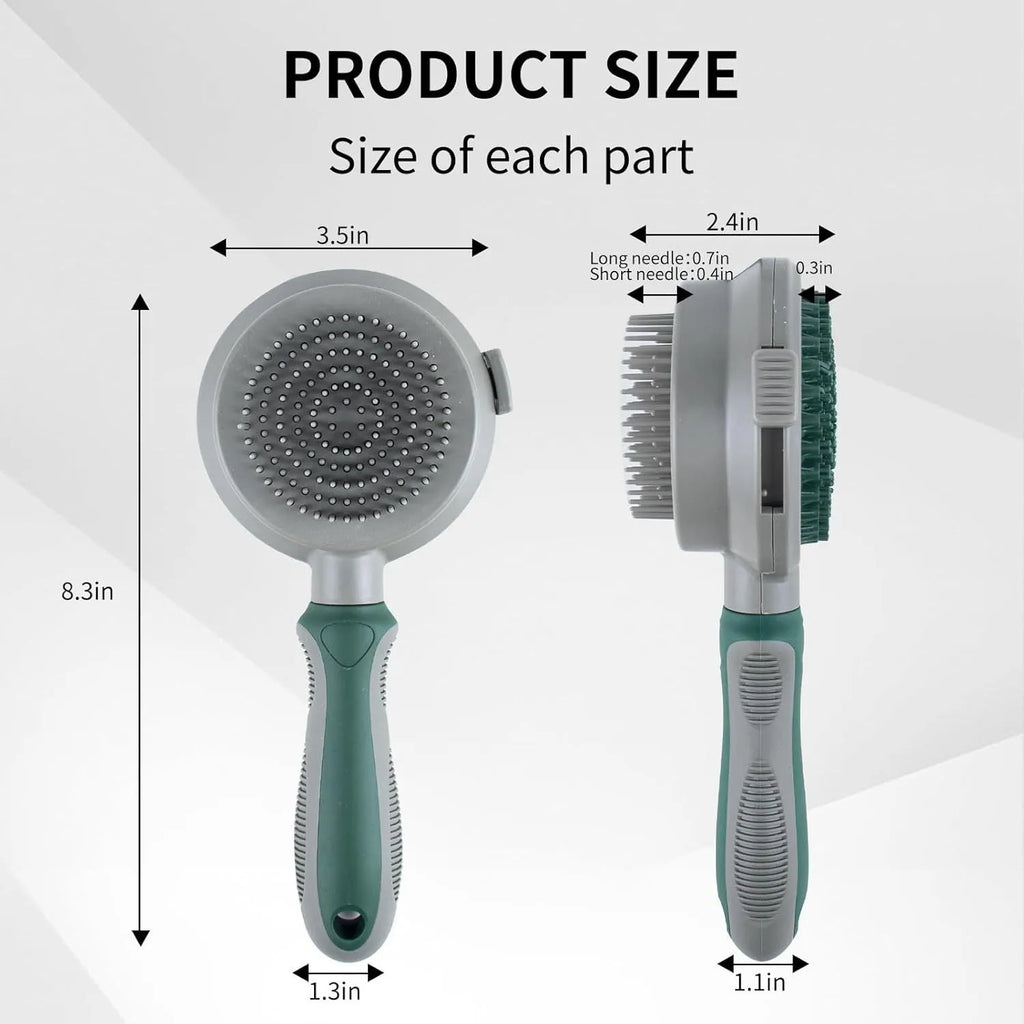 Green two-sided pet grooming brush showing slicker brush and silicone massager sides with anti-slip handle