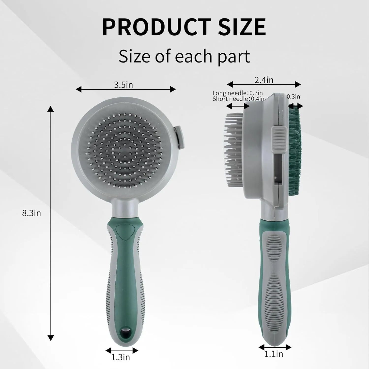 Green two-sided pet grooming brush showing slicker brush and silicone massager sides with anti-slip handle