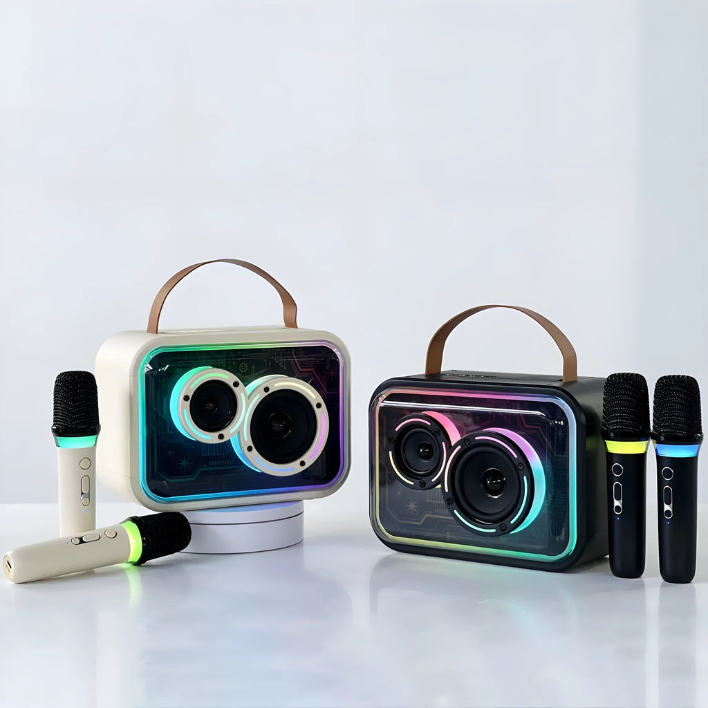Portable Bluetooth karaoke speaker with RGB lighting in light yellow or black colour options