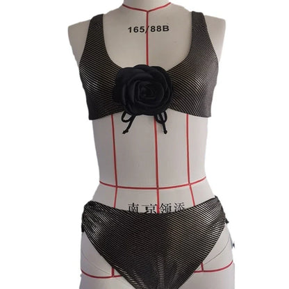 Black women's triangle swimsuit with adjustable ties and lined construction for swimming