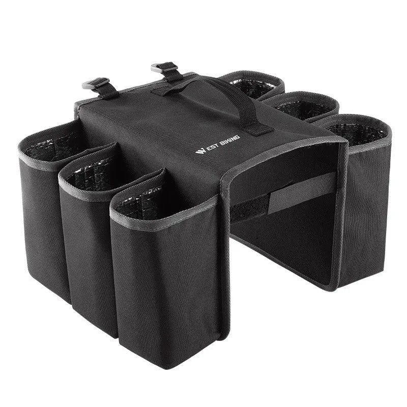 Black and orange bicycle handlebar drink bag with 2-litre capacity and anti-scratch design.