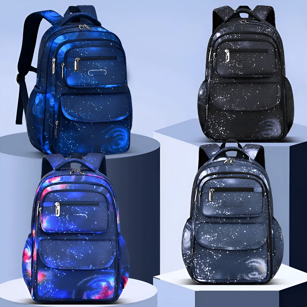 Primary school backpack in royal blue with nylon material, letter print pattern, and side opening