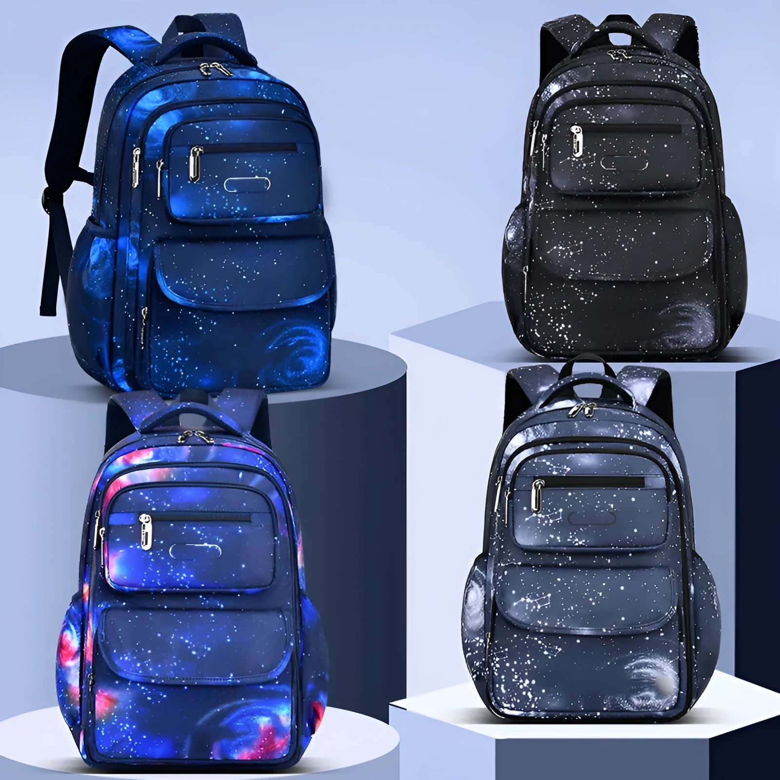 Primary school backpack in royal blue with nylon material, letter print pattern, and side opening