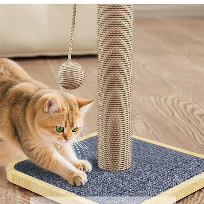 Windmill design cat climbing frame with a hanging scratch-resistant ball on a pine wood structure.