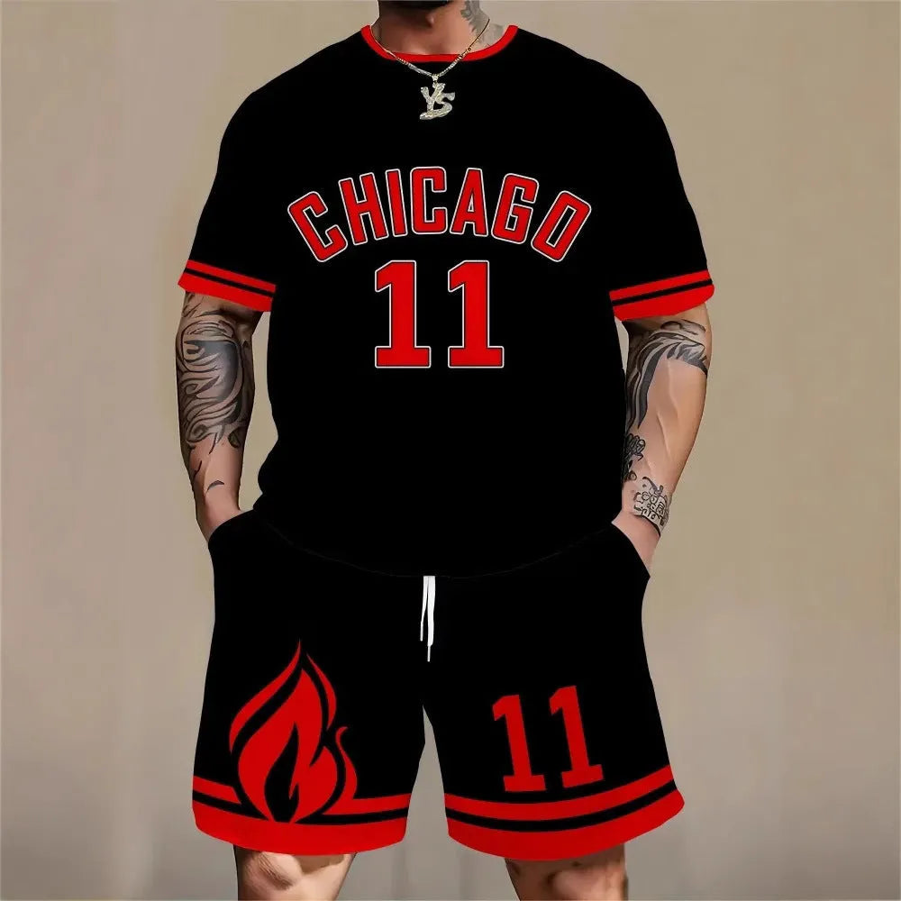 Man wearing a grey short sleeve top and matching shorts with a 3D printed white letter design.