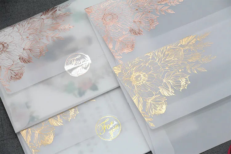 Gold and rose gold sulphuric acid paper invitation cards with bronzing matte varnish and sealing stickers
