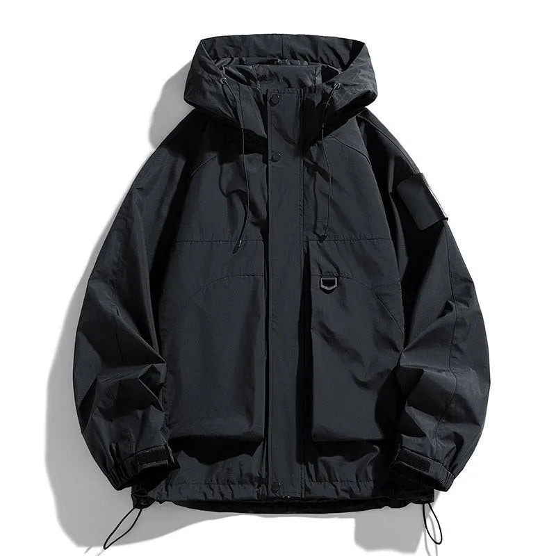 Men's waterproof hooded jacket in black, ginger yellow or purple colours showing regular length cut and long sleeves