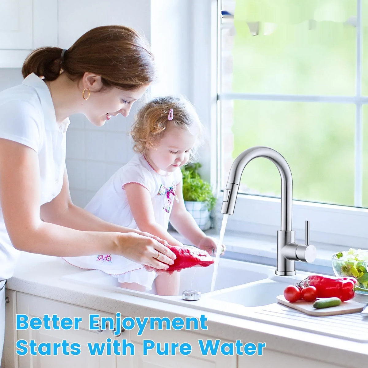 White F8 countertop carbon rod water filter purifier on a kitchen worktop