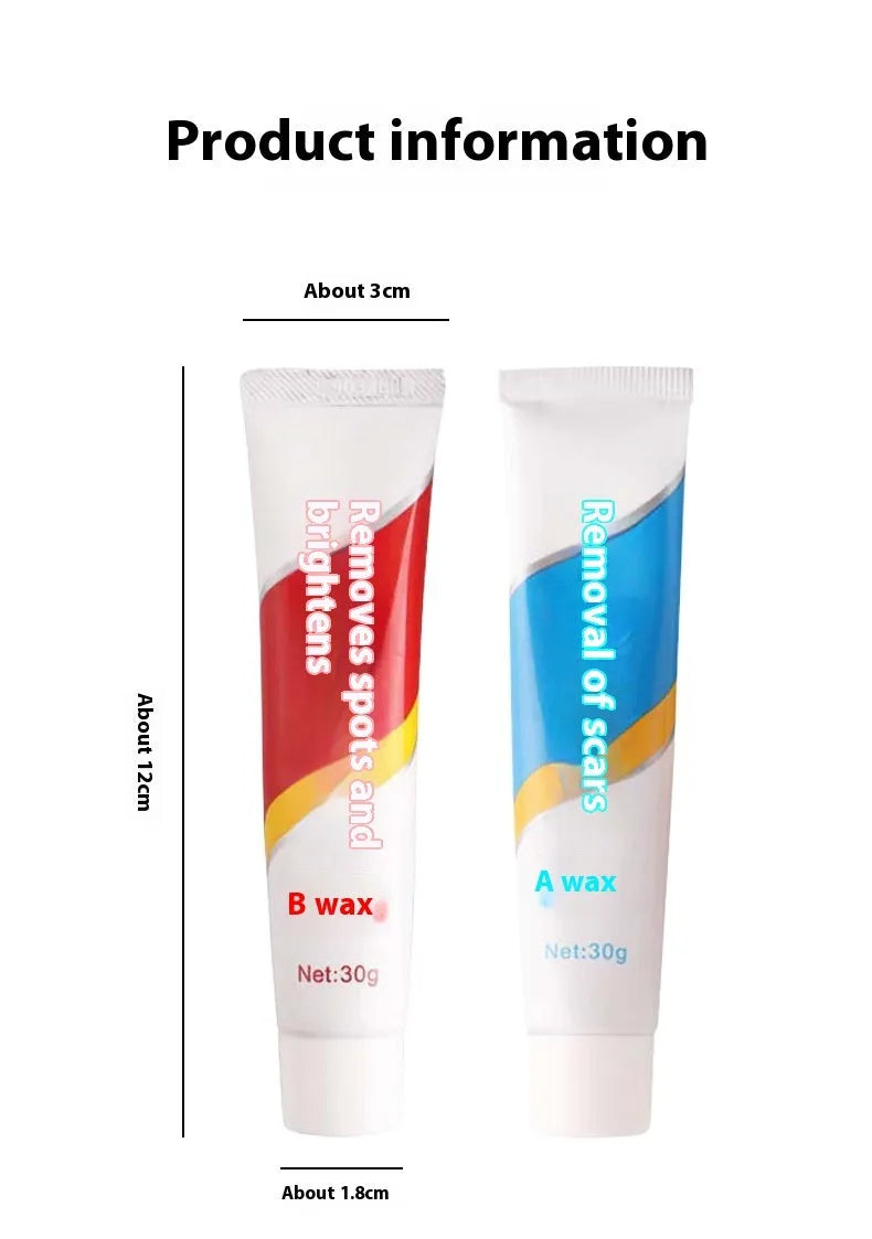 Car repair wax kit with bottles of A and B wax and an abrasive sponge mop for scratch removal and polishing.