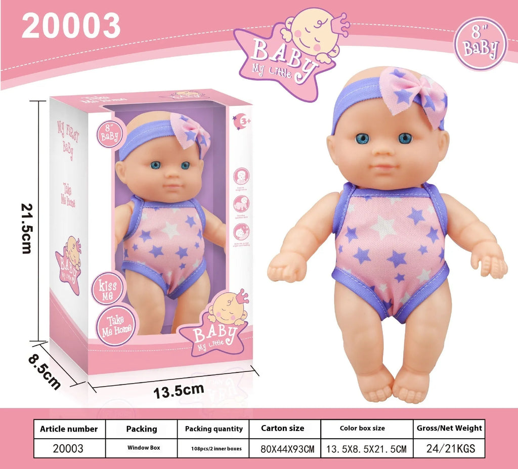 A detailed vinyl simulation baby figurine doll, showing its realistic features and proportions.