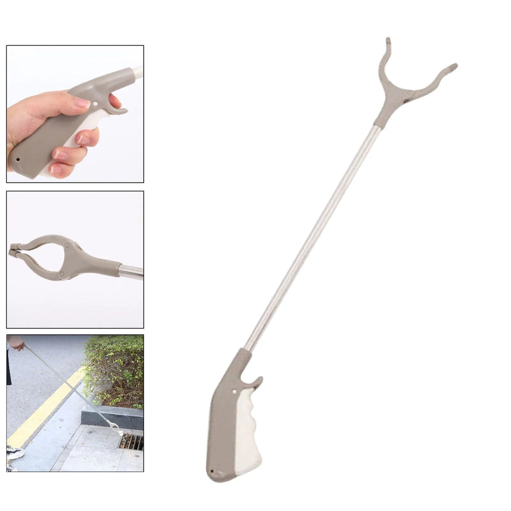 Stainless steel garbage picker with extended 40cm handle and non-slip gripper jaws.