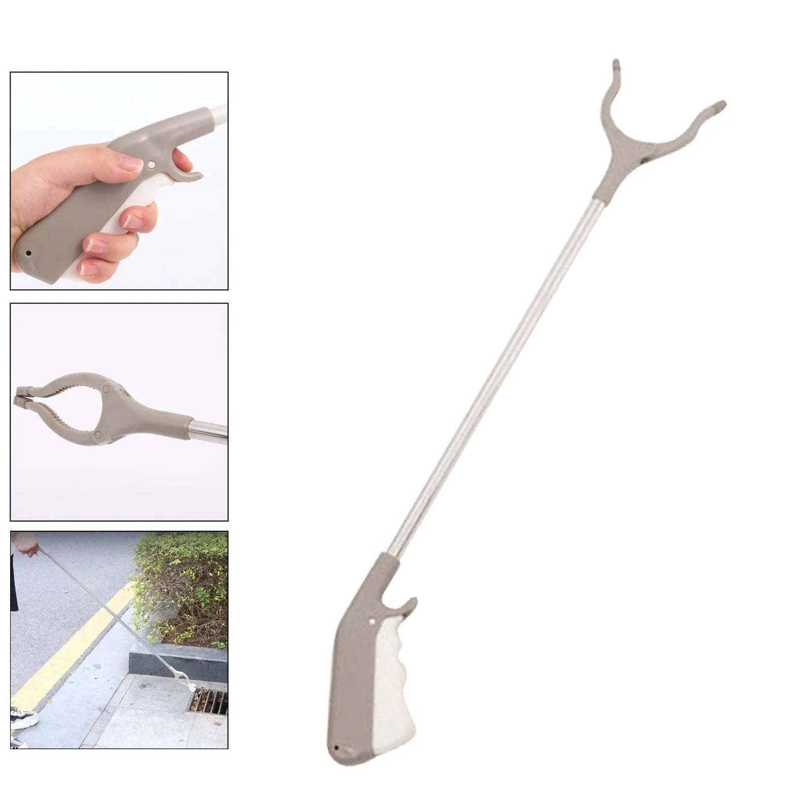 Stainless steel garbage picker with extended 40cm handle and non-slip gripper jaws.
