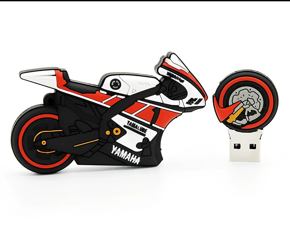 Red white cartoon motorcycle USB drive with 16cm wrist strap, 15g weight, 64GB capacity option