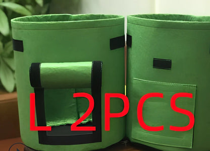 Black breathable non-woven plant growth bag with side window and double handles for potato cultivation