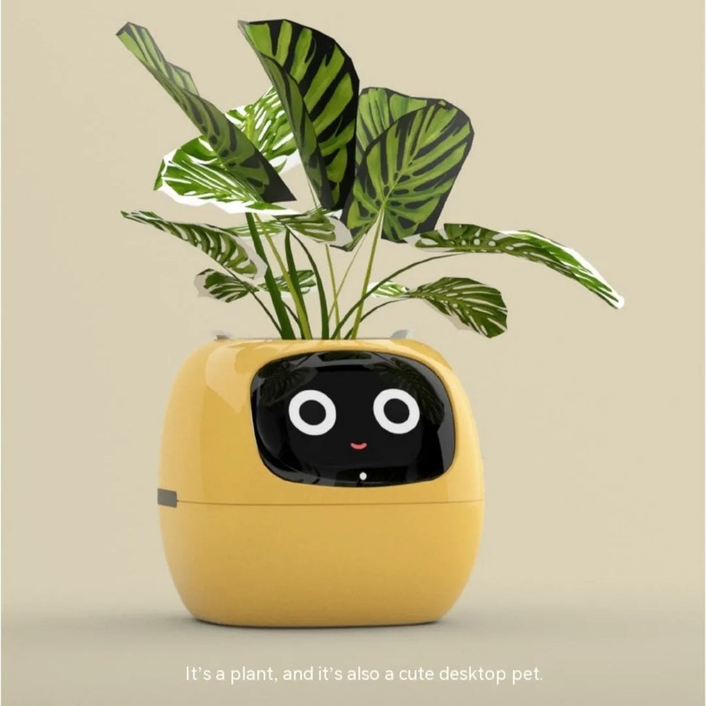Smart planter in green with 7 sensors and AI chips showing water level on screen, compact 114x100x96mm size