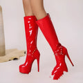 Red chunky heel high leg boots for women with back zipper and round toe