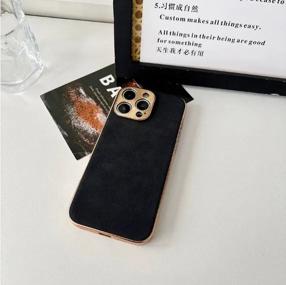Electroplated sheepskin phone case with metal lens protector for iPhone in black