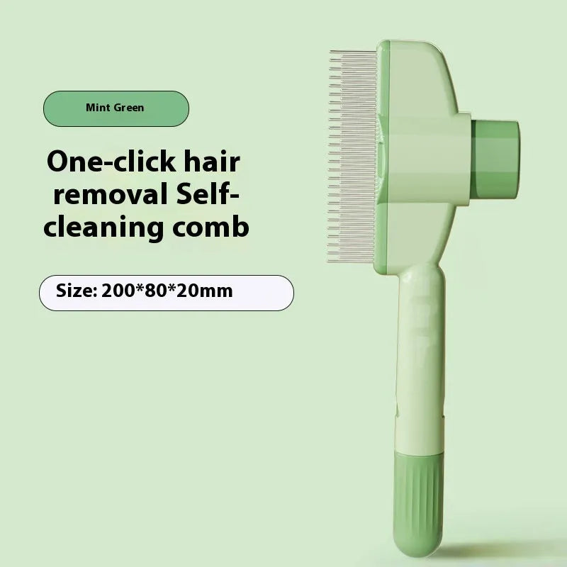 Yellow and green self-cleaning pet comb with stainless steel teeth and release button