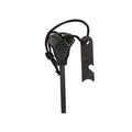 Black outdoor multifunctional flint tool with magnesium rod, steel scraper, whistle, and bottle opener.